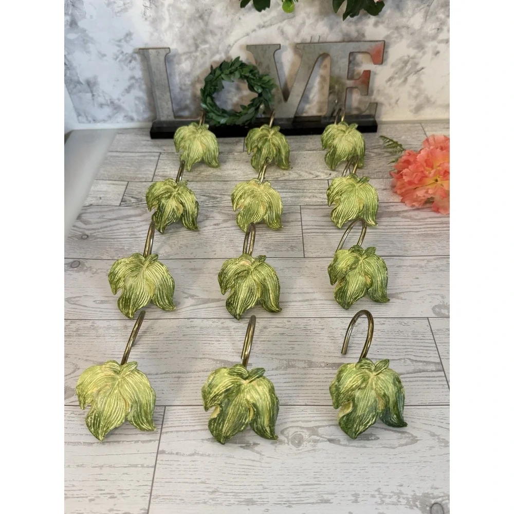 Set of 23 Green Leaves Shower Curtain Hooks Vintage Gold Tone Metal‎ Nature GUC